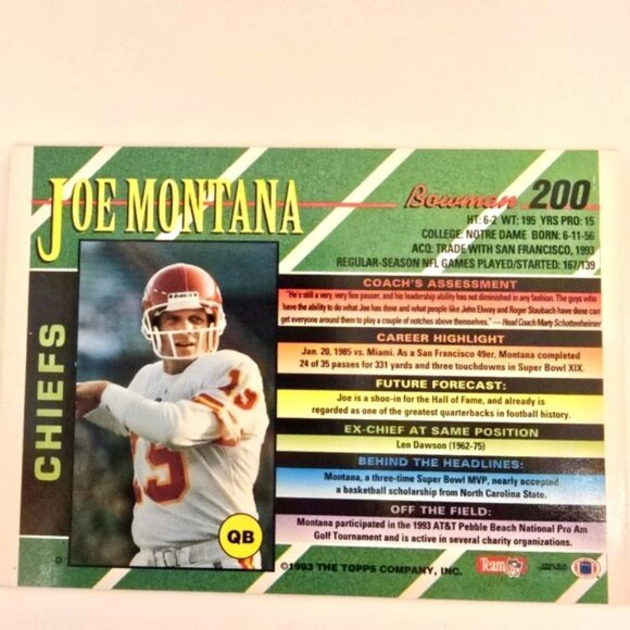 Vintage Joe Montana Trading Card Kansas City Chiefs Football Topps 1993 NFL QB - Picture 5 of 12